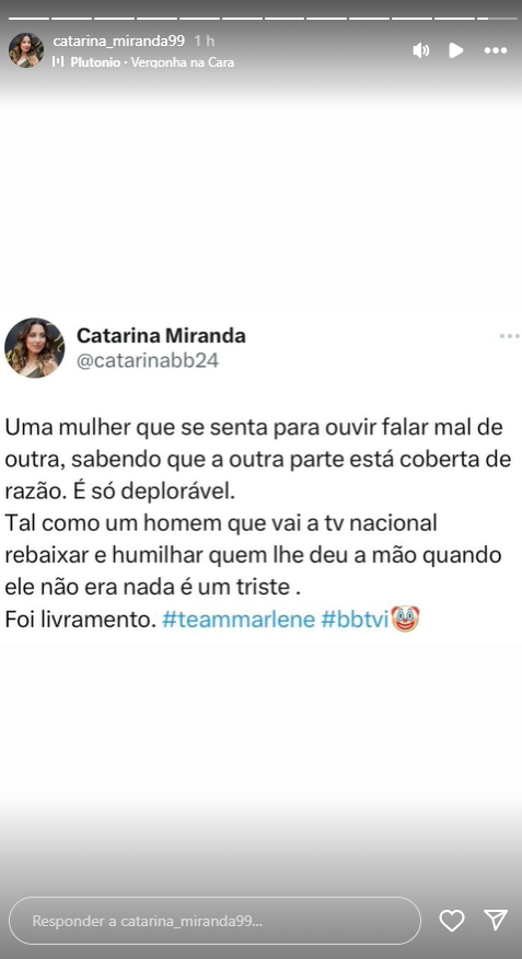 catarina miranda 2 Catarina Miranda deixa nova mensagem para Panelo nas redes sociais: "É um triste... Foi livramento"